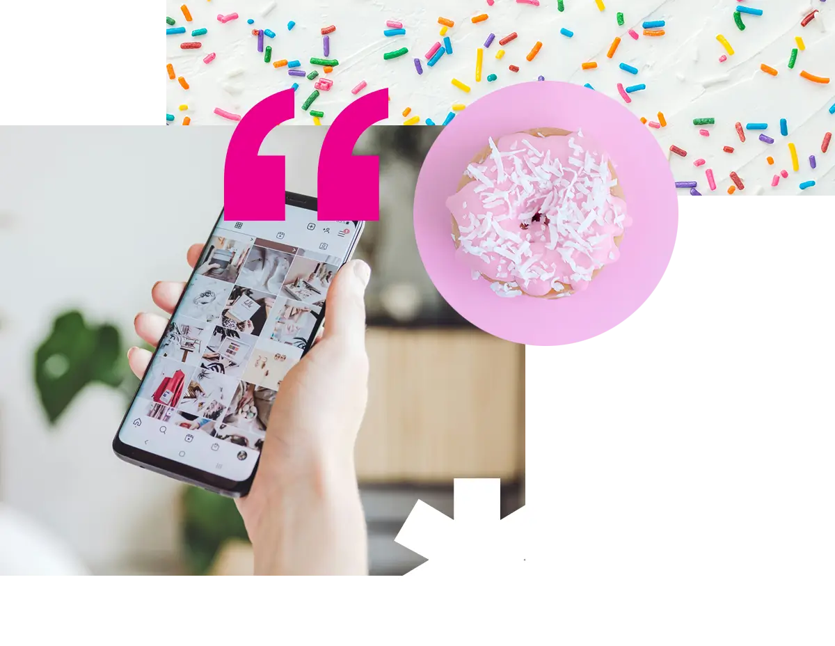 a collaged image of a hand holding a phone, with a social media feed in view, along with yummy images of sweet treats