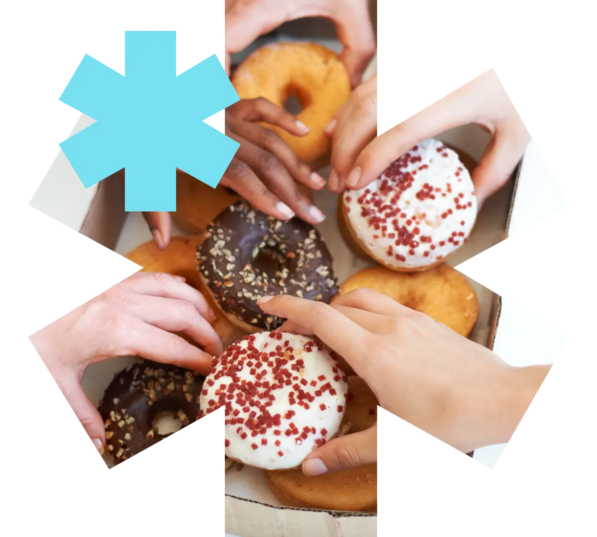 hands grabbing assorted donuts