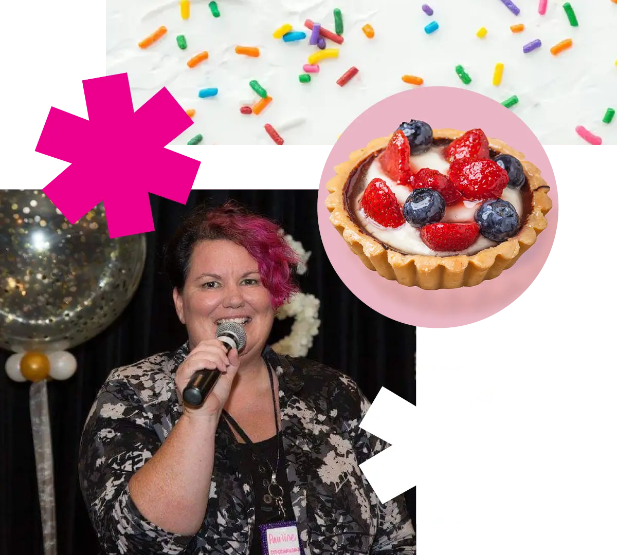 a collaged image of Pauline, along with yummy images of a strawberry tart and sprinkles